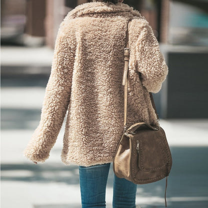 Lapel Long Sleeve Fluffy Furry Faux Fur Jackets Woman Overcoat